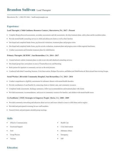 Lead Therapist Resume