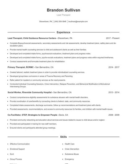 Lead Therapist Resume