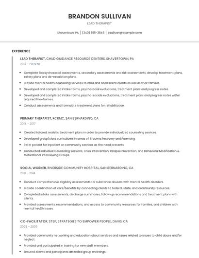 Lead Therapist Resume