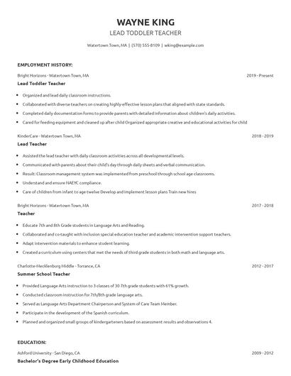 Lead Toddler Teacher Resume