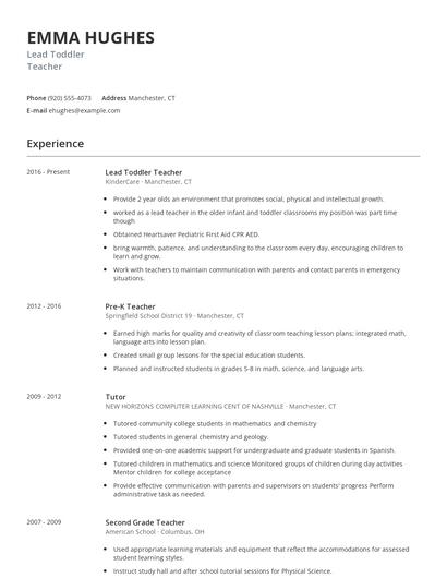 Lead Toddler Teacher Resume