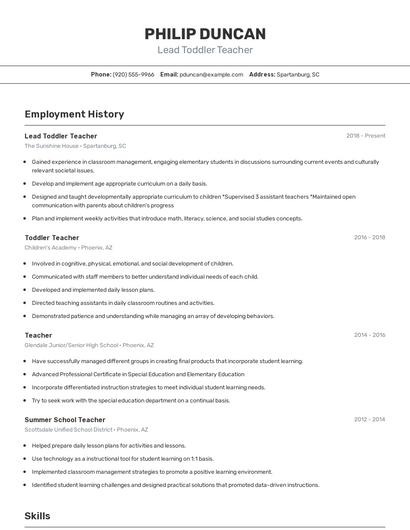 Lead Toddler Teacher Resume
