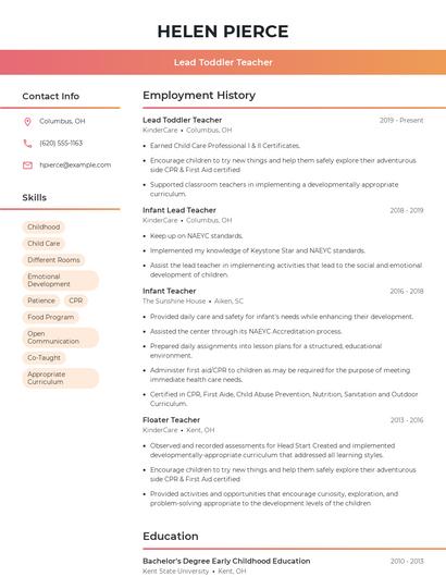 Lead Toddler Teacher Resume
