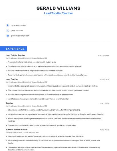 Lead Toddler Teacher Resume