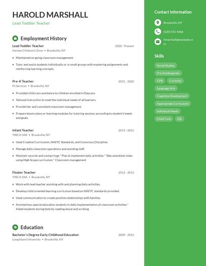 Lead Toddler Teacher Resume