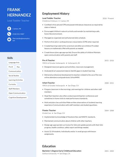 Lead Toddler Teacher Resume