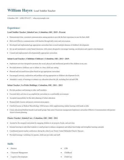 Lead Toddler Teacher Resume