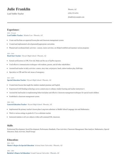 Lead Toddler Teacher Resume
