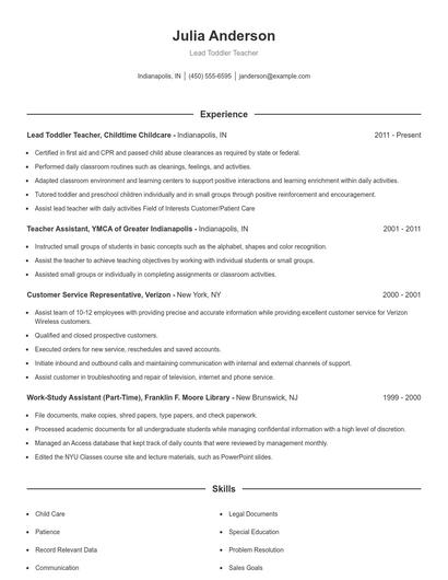 Lead Toddler Teacher Resume