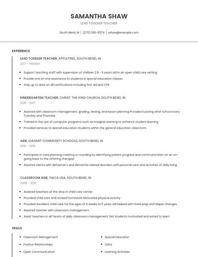 Lead Toddler Teacher Resume