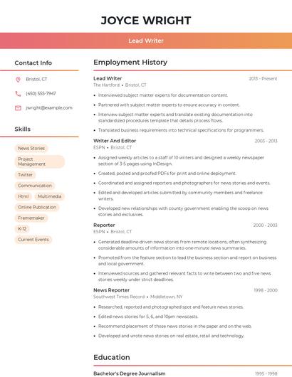 Lead Writer Resume