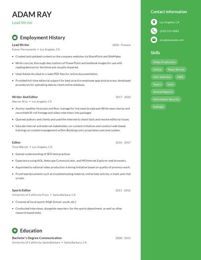 Lead Writer Resume