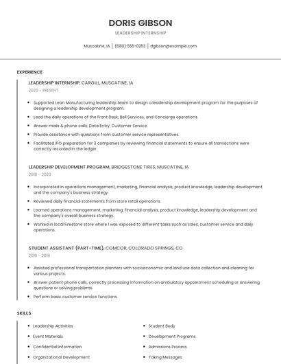 Leadership Internship Resume