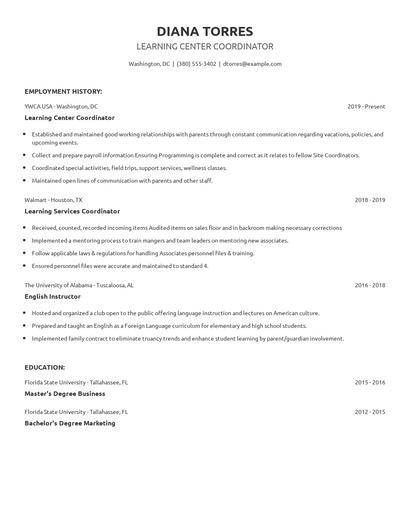 Learning Center Coordinator Resume