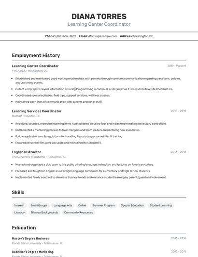 Learning Center Coordinator Resume