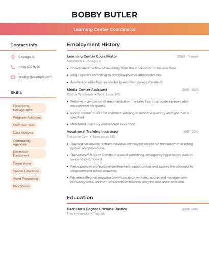 Learning Center Coordinator Resume