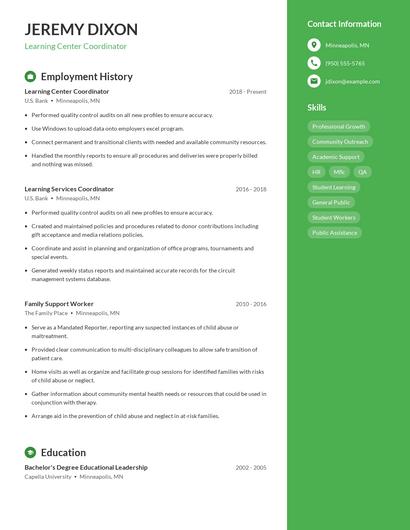 Learning Center Coordinator Resume