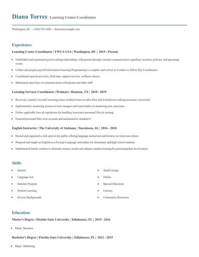 Learning Center Coordinator Resume