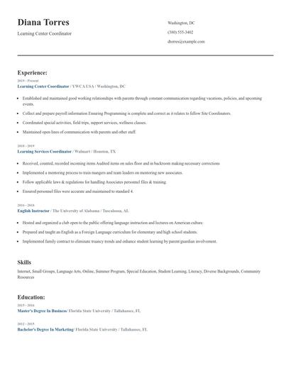 Learning Center Coordinator Resume