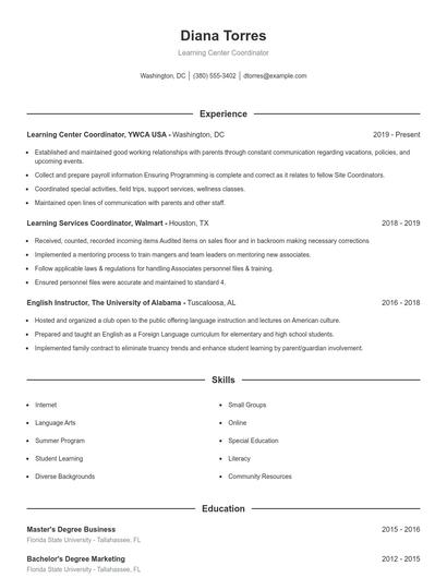 Learning Center Coordinator Resume
