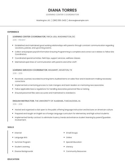 Learning Center Coordinator Resume