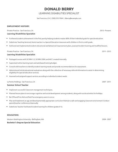 Learning Disabilities Specialist Resume