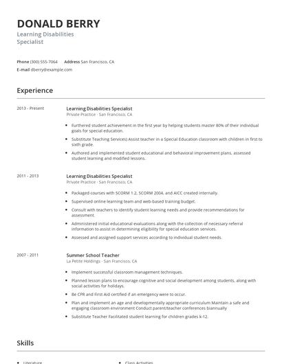 Learning Disabilities Specialist Resume