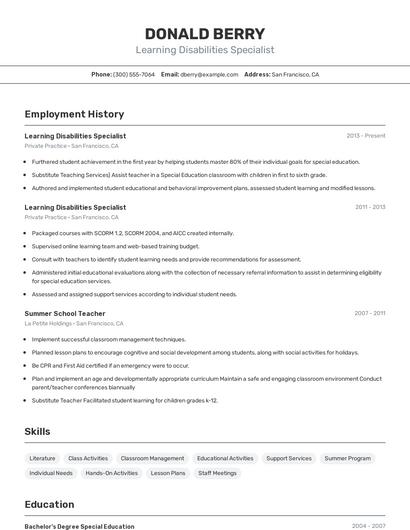 Learning Disabilities Specialist Resume