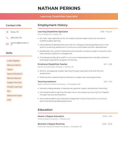 Learning Disabilities Specialist Resume