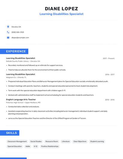 Learning Disabilities Specialist Resume