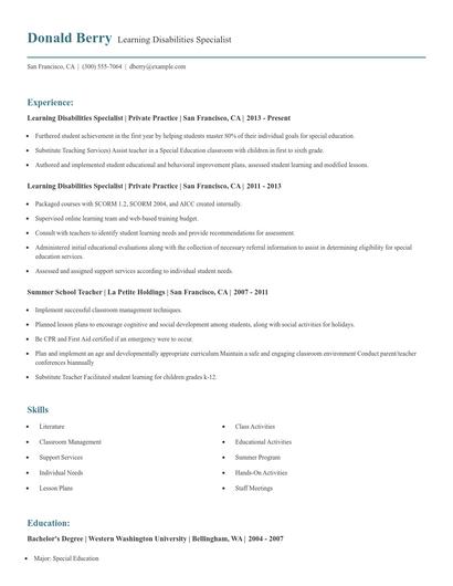 Learning Disabilities Specialist Resume