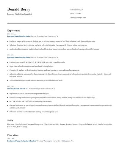 Learning Disabilities Specialist Resume