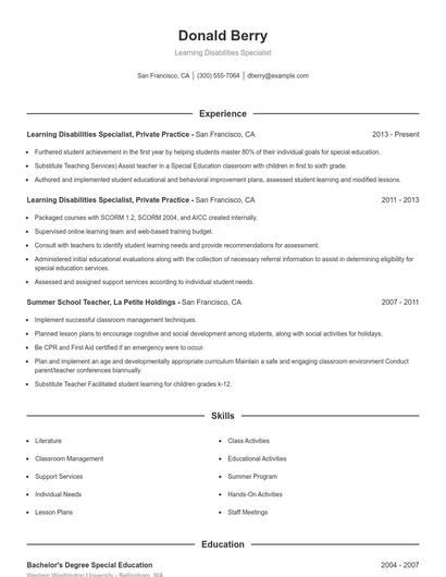 Learning Disabilities Specialist Resume