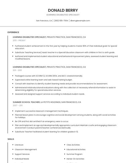 Learning Disabilities Specialist Resume