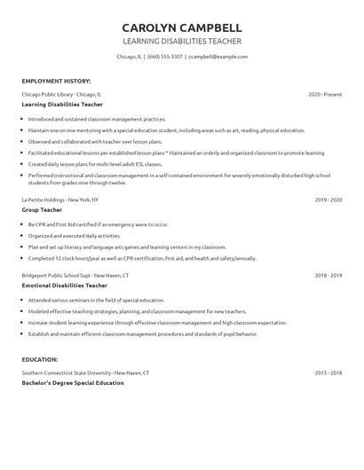 Learning Disabilities Teacher Resume