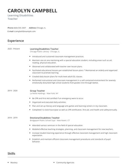 Learning Disabilities Teacher Resume