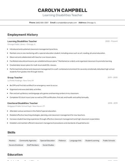 Learning Disabilities Teacher Resume