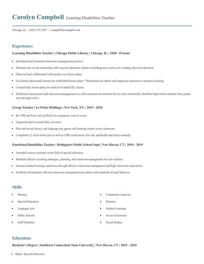 Learning Disabilities Teacher Resume