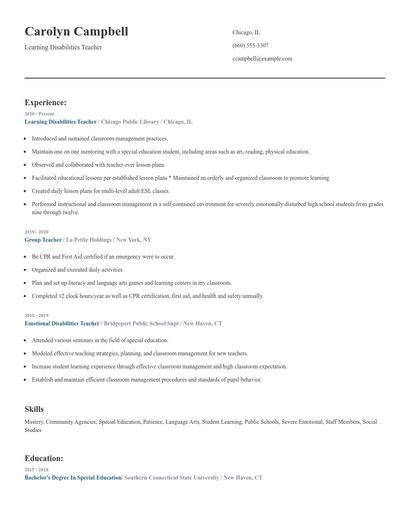Learning Disabilities Teacher Resume