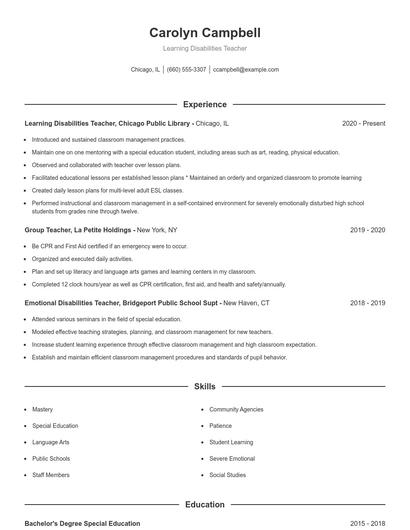 Learning Disabilities Teacher Resume