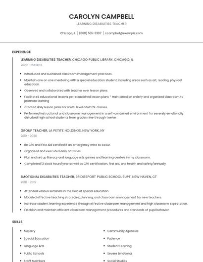 Learning Disabilities Teacher Resume