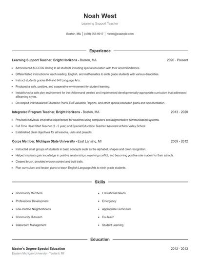 Learning Support Teacher Resume