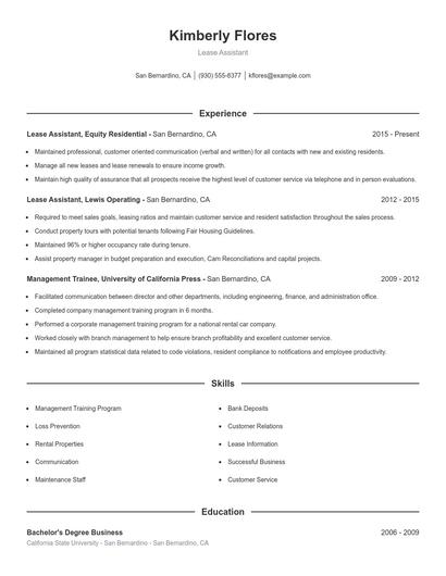 Lease Assistant Resume