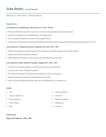Lease Operator Resume