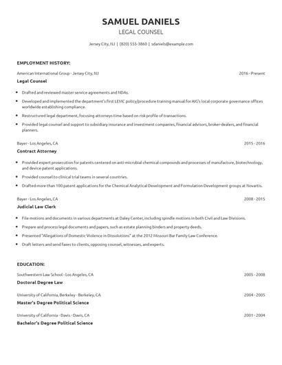 Legal Counsel Resume