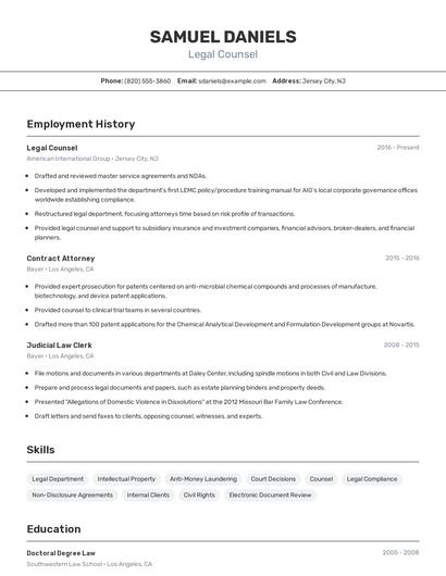 Legal Counsel Resume