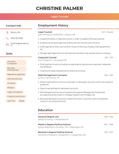 Legal Counsel Resume