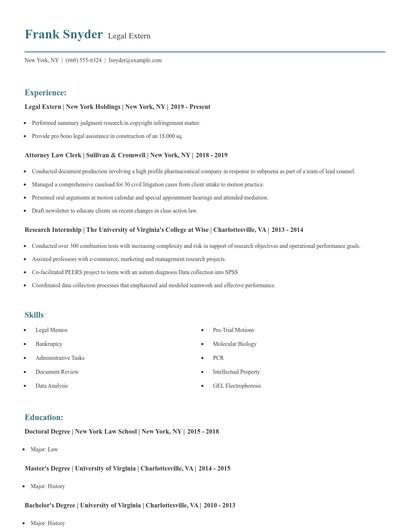 Legal Extern Resume