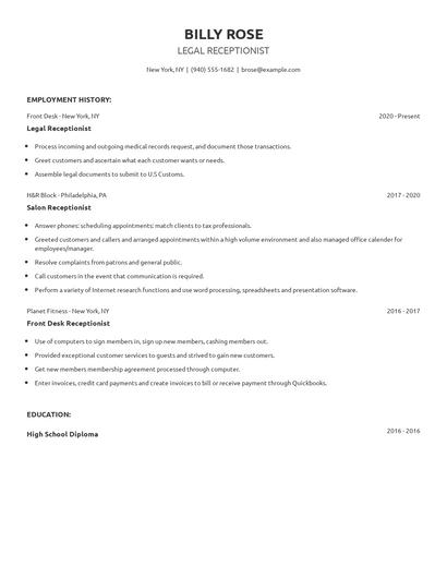 Legal Receptionist Resume