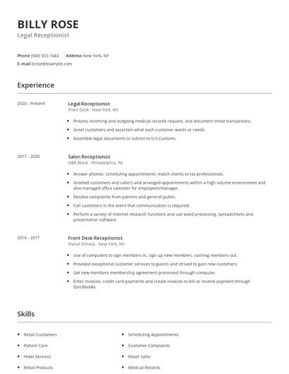 Legal Receptionist Resume
